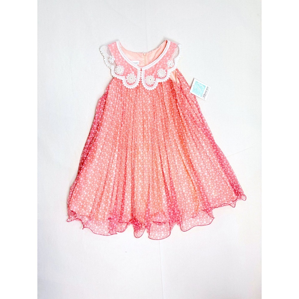 Bonnie Jean Coral Pink Polka Dot & Pearl Collar Sleeveless Tulle Dress Size 14